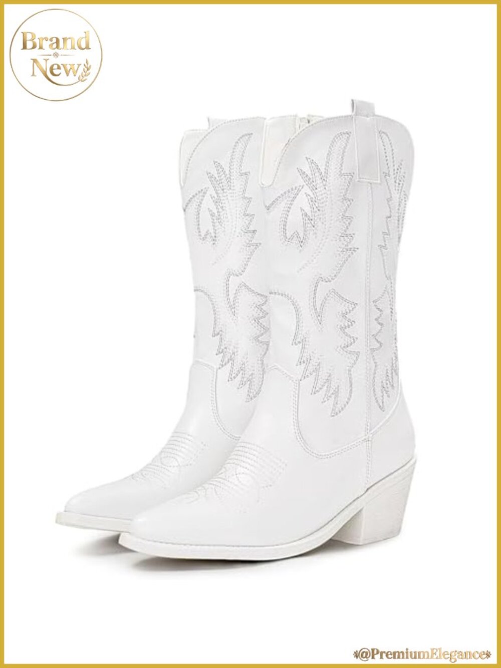 Women's Pull On Mid Calf Western Cowboy Boots with Embroidery & Chunky Heel